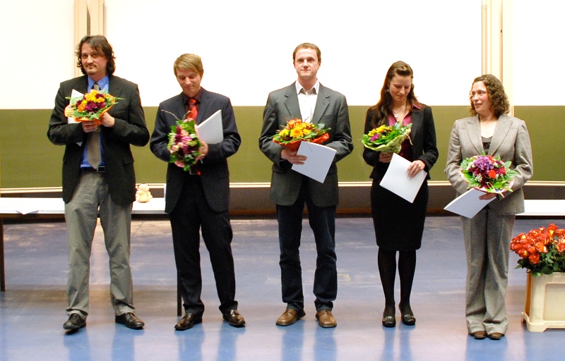 Lehrpreise 2007 und 2008: Verleihung auf der Jahresfeier 2008 (C. Selter, P. Becker-Kern, M. Knossalla, C. Carstensen, M. Hahn) Lehrpreise 2007 und 2008